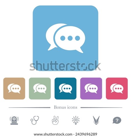 Two oval active chat bubbles solid white flat icons on color rounded square backgrounds. 6 bonus icons included
