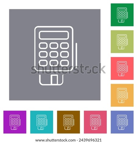 POS terminal outline flat icons on simple color square backgrounds