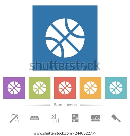 Basketball solid flat white icons in square backgrounds. 6 bonus icons included.