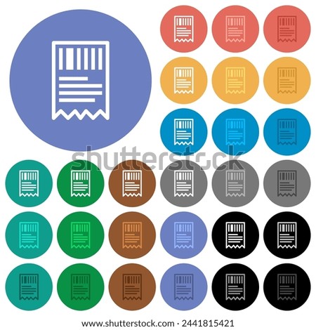One receipt with barcode outline multi colored flat icons on round backgrounds. Included white, light and dark icon variations for hover and active status effects, and bonus shades.