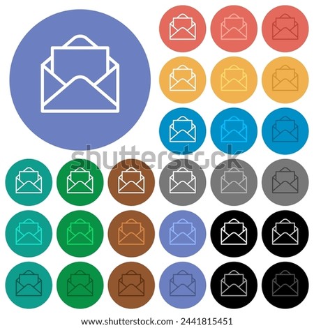 open new mail envelope outline multi colored flat icons on round backgrounds. Included white, light and dark icon variations for hover and active status effects, and bonus shades.