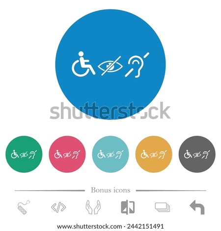 Disability symbols flat white icons on round color backgrounds. 6 bonus icons included.