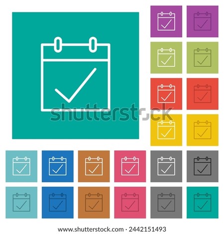 Calendar checked outline multi colored flat icons on plain square backgrounds. Included white and darker icon variations for hover or active effects.