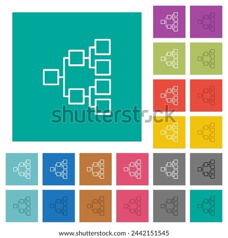 Organizational chart right outline multi colored flat icons on plain square backgrounds. Included white and darker icon variations for hover or active effects.