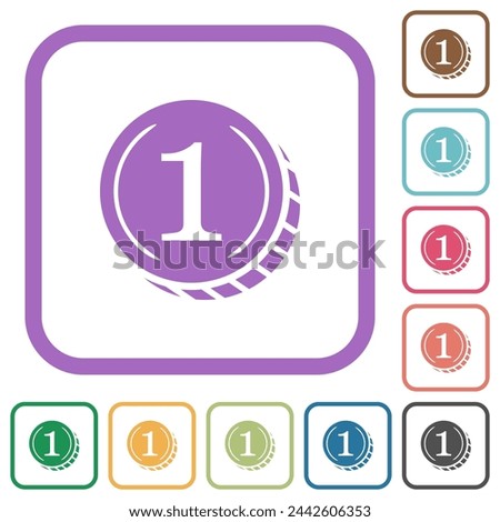 Coin with number one simple icons in color rounded square frames on white background