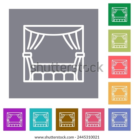 Theater stage curtain seats outline flat icons on simple color square backgrounds
