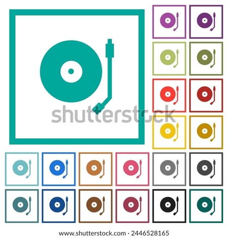 Turntable flat color icons with quadrant frames on white background