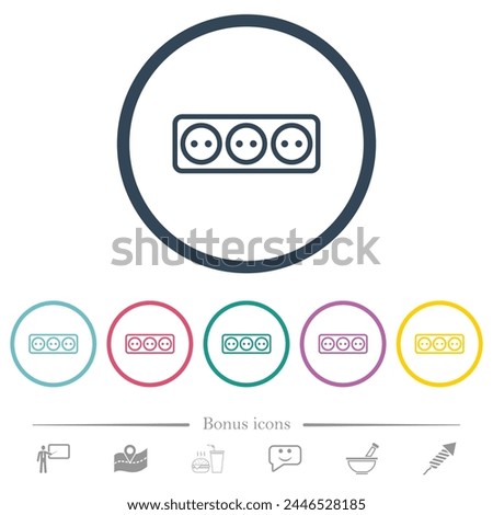 Electrical outlet with three sockets outline flat color icons in round outlines. 6 bonus icons included.