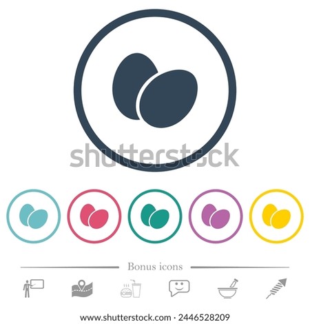 Two eggs solid flat color icons in round outlines. 6 bonus icons included.