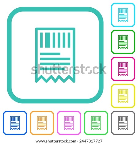 One receipt with barcode outline vivid colored flat icons in curved borders on white background