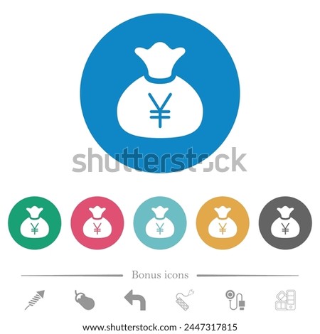 Money bag yen solid flat white icons on round color backgrounds. 6 bonus icons included.