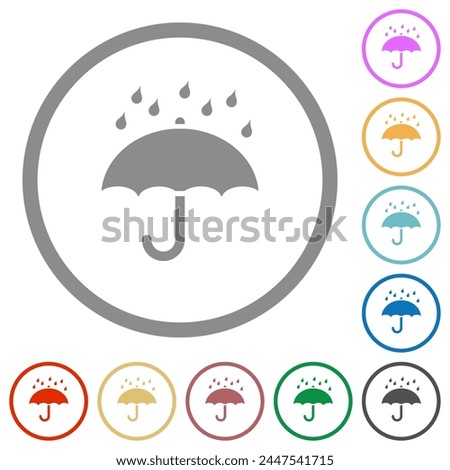 Umbrella with rain solid flat color icons in round outlines on white background