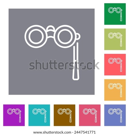 Lorgnette outline flat icons on simple color square backgrounds