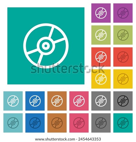 DVD disc outline multi colored flat icons on plain square backgrounds. Included white and darker icon variations for hover or active effects.