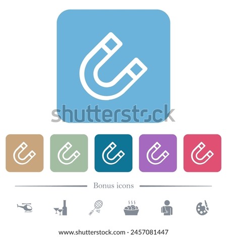 Horseshoe magnet outline white flat icons on color rounded square backgrounds. 6 bonus icons included