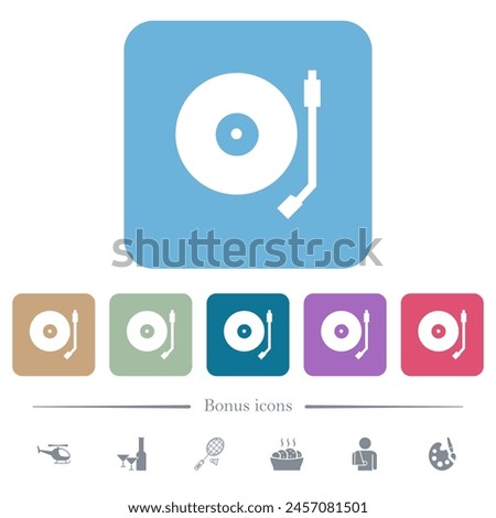 Turntable white flat icons on color rounded square backgrounds. 6 bonus icons included