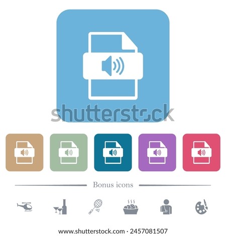 Sound file type white flat icons on color rounded square backgrounds. 6 bonus icons included