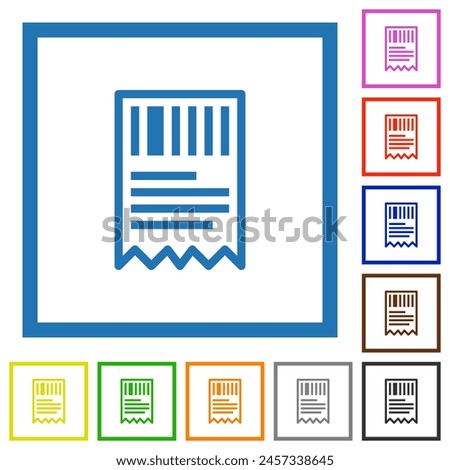 One receipt with barcode outline flat color icons in square frames on white background