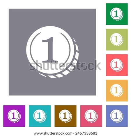 Coin with number one flat icons on simple color square backgrounds