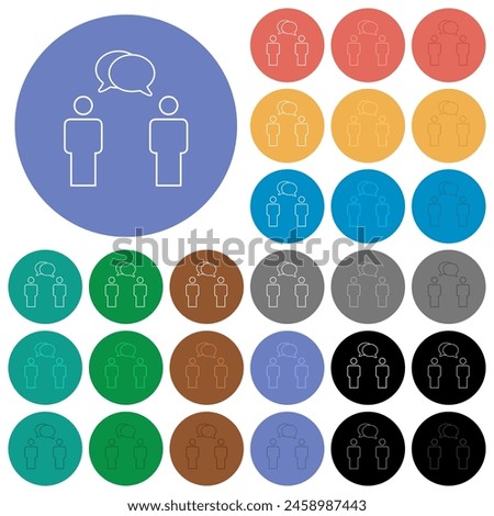 Two talking persons with oval bubbles outline multi colored flat icons on round backgrounds. Included white, light and dark icon variations for hover and active status effects, and bonus shades.