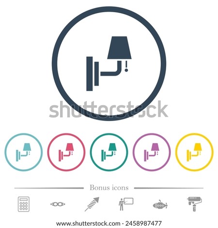 Wall lamp flat color icons in round outlines. 6 bonus icons included.