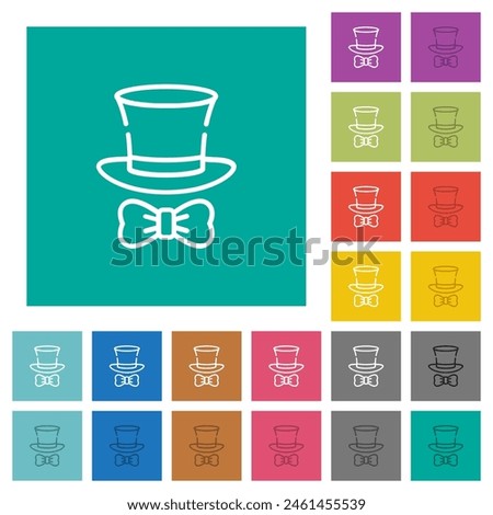 Top hat and bow tie outline multi colored flat icons on plain square backgrounds. Included white and darker icon variations for hover or active effects.