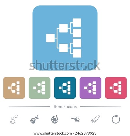Organizational chart right solid white flat icons on color rounded square backgrounds. 6 bonus icons included