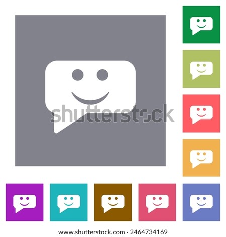 Rounded square smiling chat bubble solid flat icons on simple color square backgrounds