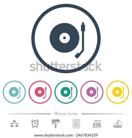 Turntable flat color icons in round outlines. 6 bonus icons included.