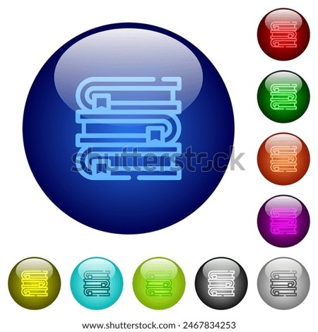 Stack of books outline icons on round glass buttons in multiple colors. Arranged layer structure