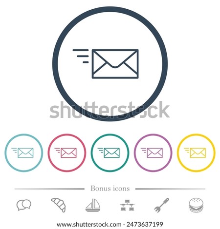 Sending mail outline flat color icons in round outlines. 6 bonus icons included.