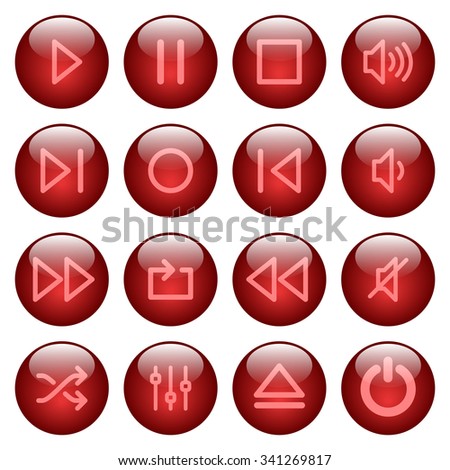 Set of red glossy round media player buttons. Arranged layer structure.