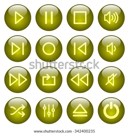 Set of yellow glossy round media player buttons. Arranged layer structure.