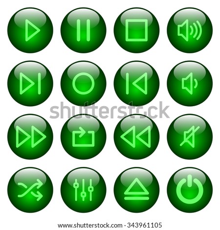 Set of green glossy round media player buttons. Arranged layer structure.