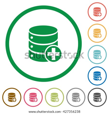 Set of Add to database color round outlined flat icons on white background