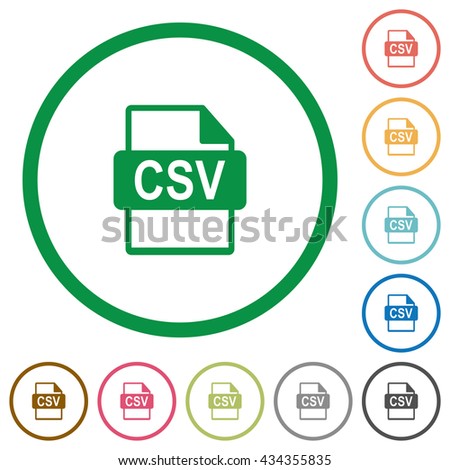 Set of CSV file format color round outlined flat icons on white background