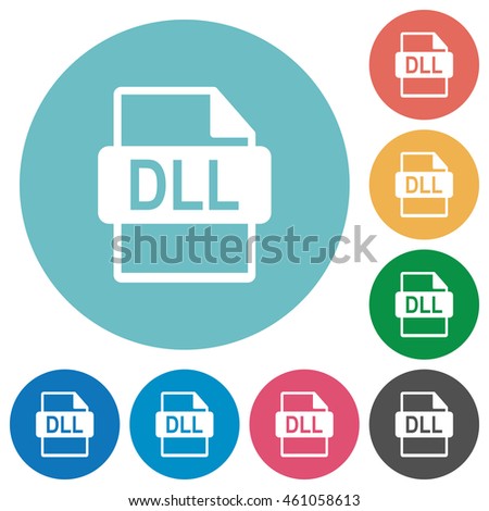 Flat DLL file format icon set on round color background.