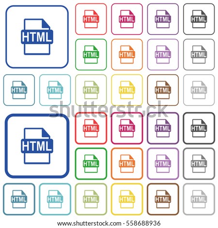 HTML file format color flat icons in rounded square frames. Thin and thick versions included.