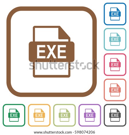 EXE file format simple icons in color rounded square frames on white background