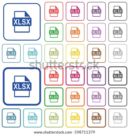 XLSX file format color flat icons in rounded square frames. Thin and thick versions included.