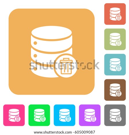 Delete from database flat icons on rounded square vivid color backgrounds.