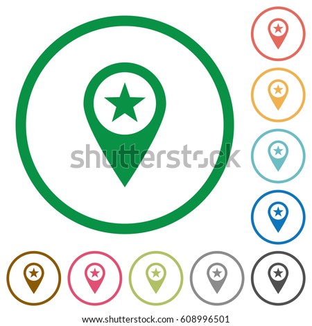 POI GPS map location flat color icons in round outlines on white background