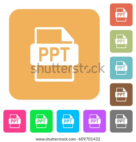 PPT file format flat icons on rounded square vivid color backgrounds.