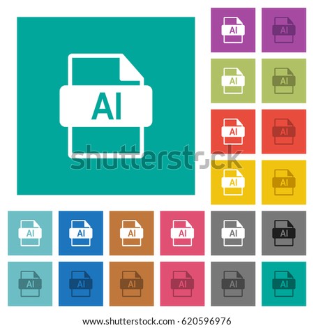 AI file format multi colored flat icons on plain square backgrounds. Included white and darker icon variations for hover or active effects.