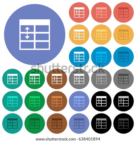 Spreadsheet adjust table row height multi colored flat icons on round backgrounds. Included white, light and dark icon variations for hover and active status effects, and bonus shades.