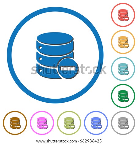 Remove from database flat color vector icons with shadows in round outlines on white background