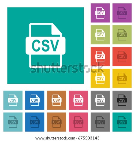 CSV file format multi colored flat icons on plain square backgrounds. Included white and darker icon variations for hover or active effects.