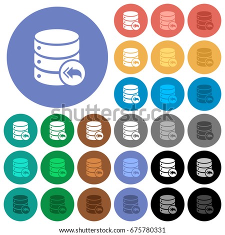 Database loopback multi colored flat icons on round backgrounds. Included white, light and dark icon variations for hover and active status effects, and bonus shades on black backgounds.