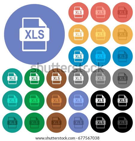 XLS file format multi colored flat icons on round backgrounds. Included white, light and dark icon variations for hover and active status effects, and bonus shades 