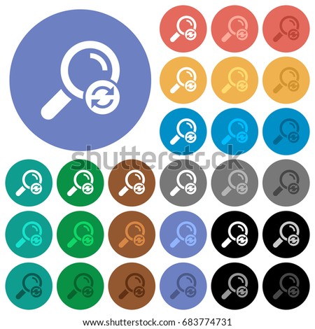 Reset search multi colored flat icons on round backgrounds. Included white, light and dark icon variations for hover and active status effects, and bonus shades on black backgounds.
